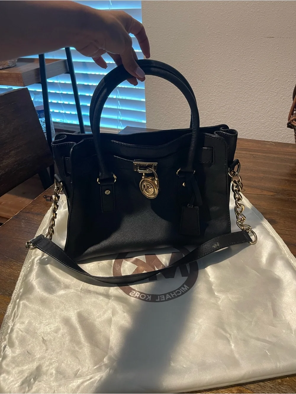 Michael Kors Black Leather Satchel with Gold Hardware and Chain Strap